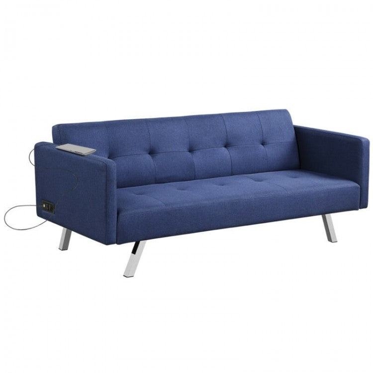 Costway Modern Blue Futon Bed Sofa Beds - 3-Seater with USB Power Outlet