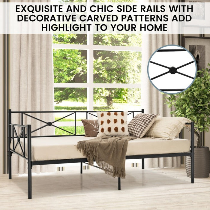 Modern Minimalist Black Metal Double Sofa Bed Frame with Carved Pattern