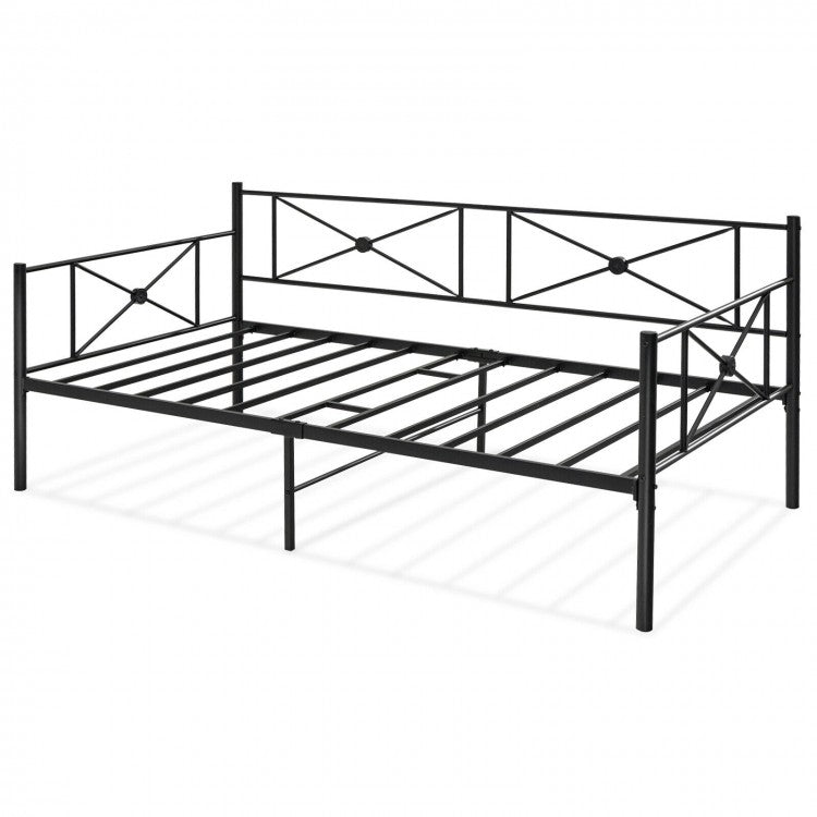 Modern Minimalist Black Metal Double Sofa Bed Frame with Carved Pattern