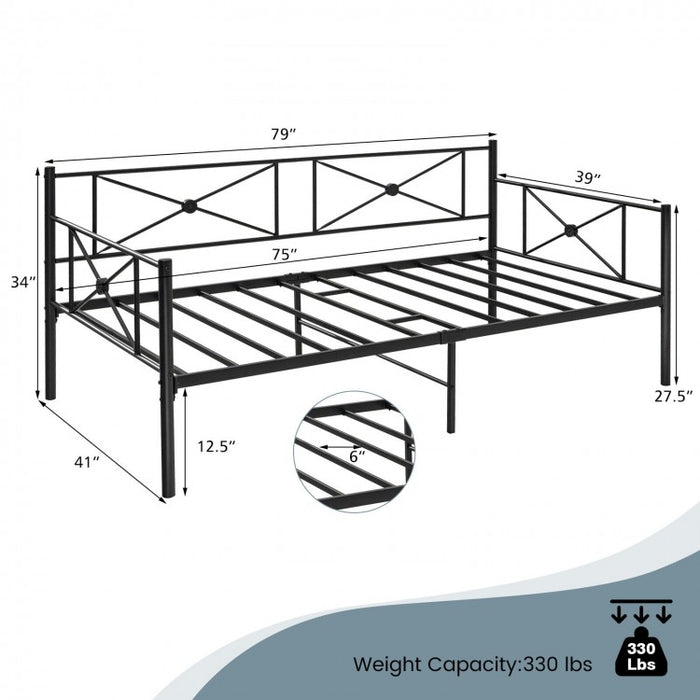 Modern Minimalist Black Metal Double Sofa Bed Frame with Carved Pattern