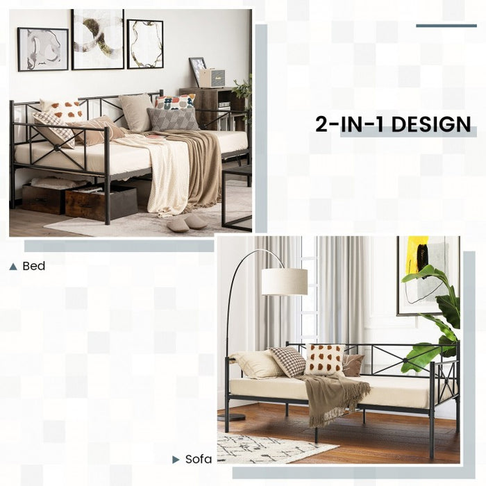 Modern Minimalist Black Metal Double Sofa Bed Frame with Carved Pattern