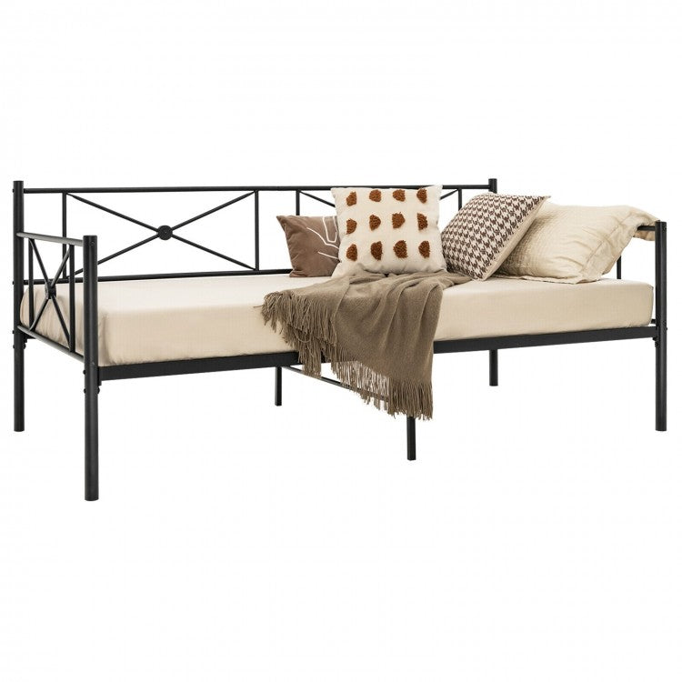 Modern Minimalist Black Metal Double Sofa Bed Frame with Carved Pattern