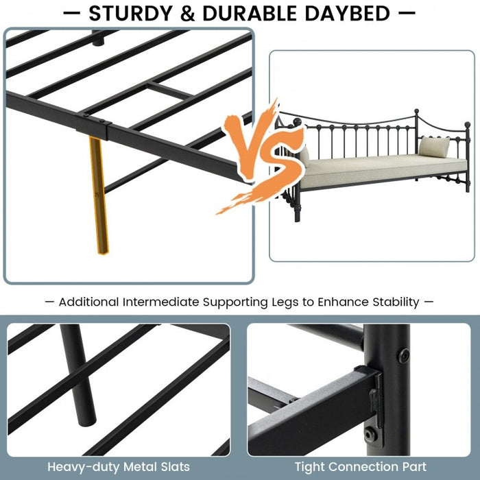 Modern Minimalist Black Metal Double Sofa Bed Frame with Carved Pattern