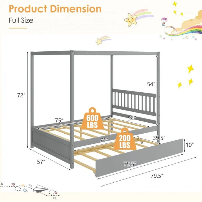 Wooden Canopy Bed Frame with Trundle Bed Casters for Children's Room