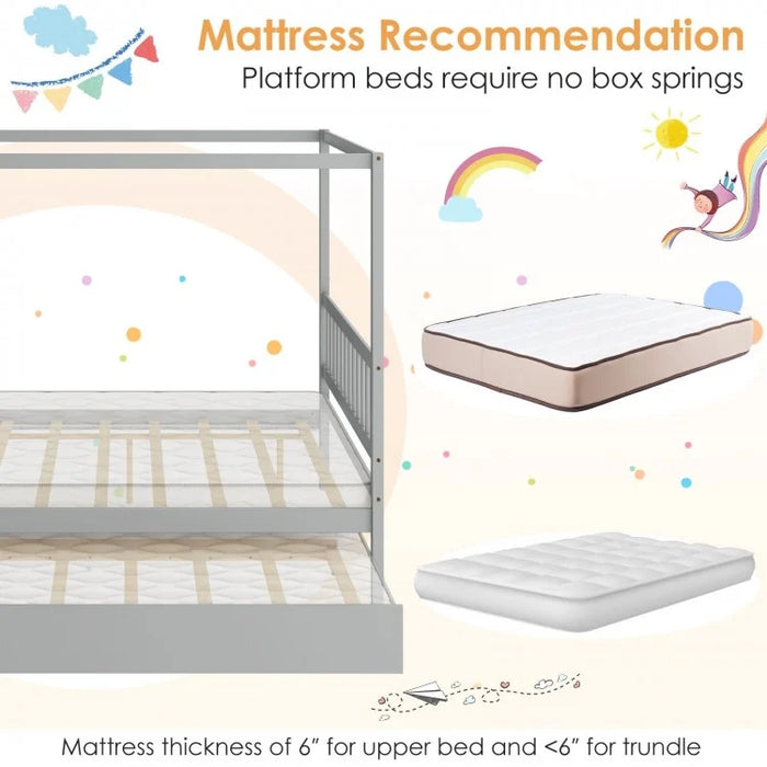 Wooden Canopy Bed Frame with Trundle Bed Casters for Children's Room