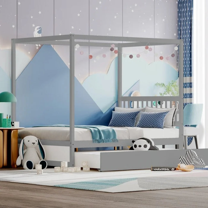 Wooden Canopy Bed Frame with Trundle Bed Casters for Children's Room