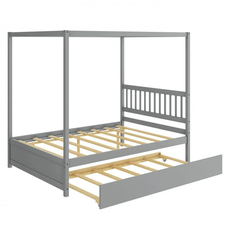 Wooden Canopy Bed Frame with Trundle Bed Casters for Children's Room
