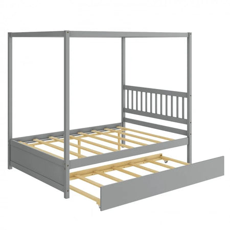 Wooden Canopy Bed Frame with Trundle Bed Casters for Children's Room