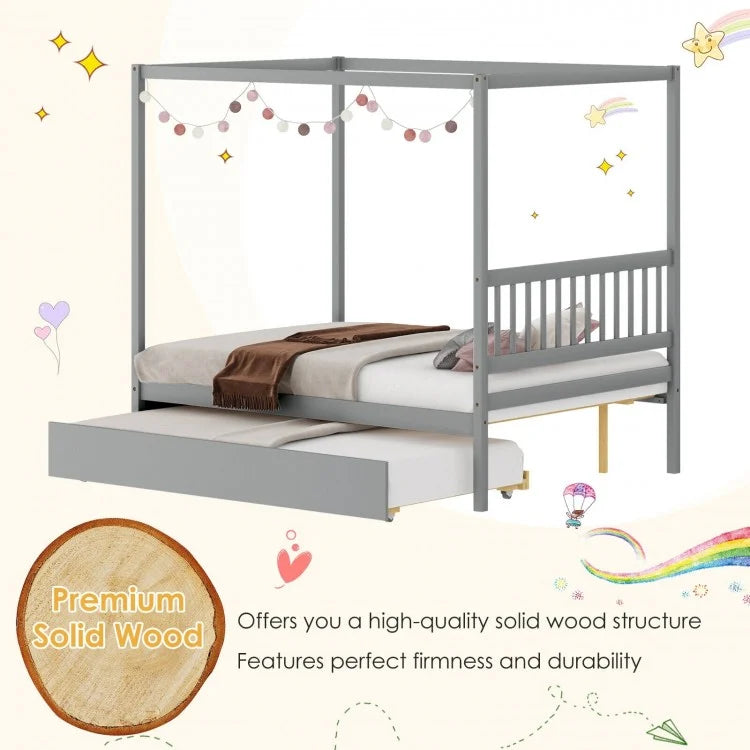 Wooden Canopy Bed Frame with Trundle Bed Casters for Children's Room