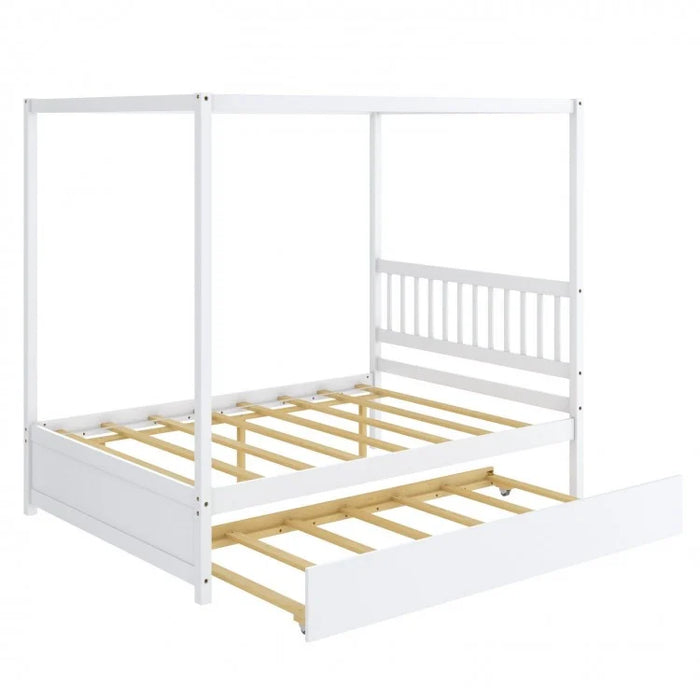 Wooden Canopy Bed Frame with Trundle Bed Casters for Children's Room