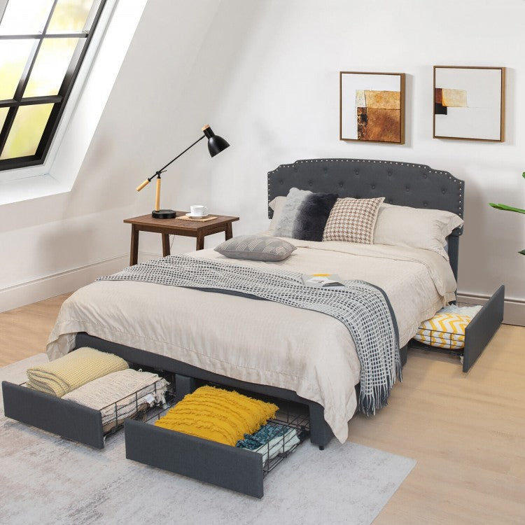 Gray Upholstered Bed Frame with 4 Drawers and Button Tufted Headboard