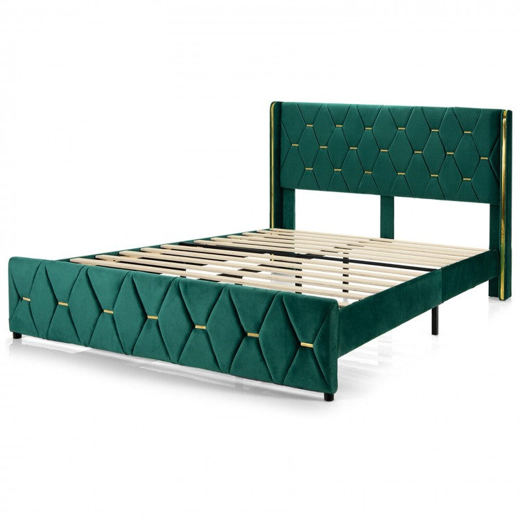 Green Upholstered Modern Minimalist Bed Frame with Headboard