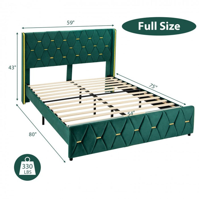 Green Upholstered Modern Minimalist Bed Frame with Headboard