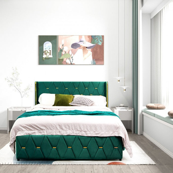 Green Upholstered Modern Minimalist Bed Frame with Headboard