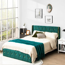 Load image into Gallery viewer, Green Upholstered Modern Minimalist Bed Frame with Headboard
