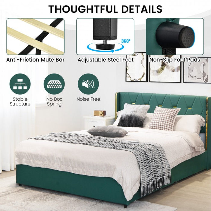 Green PU Leather Bed Frame with Headboard and 4 Storage Drawers