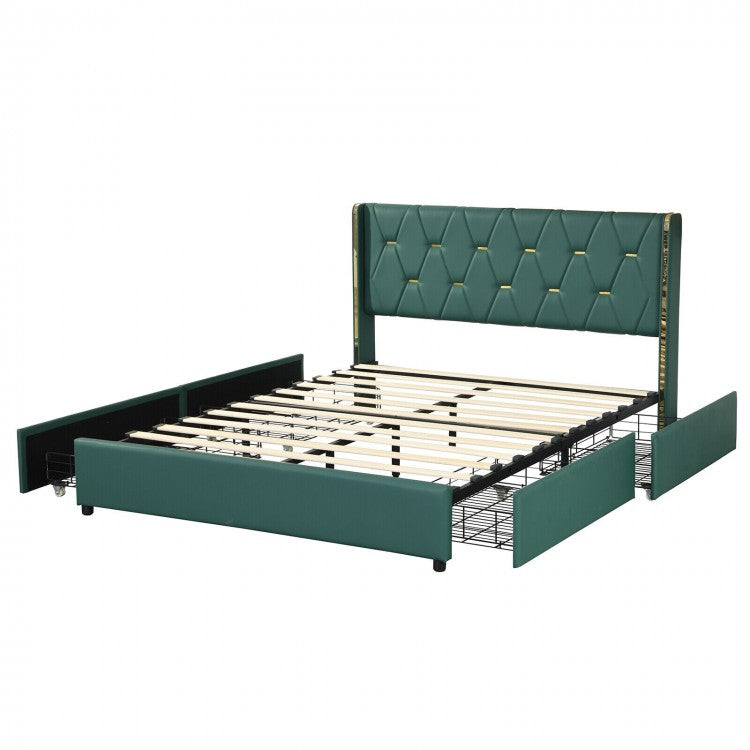 Green PU Leather Bed Frame with Headboard and 4 Storage Drawers
