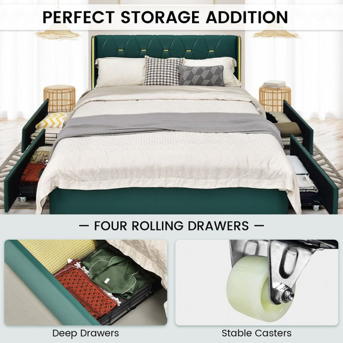 Green PU Leather Bed Frame with Headboard and 4 Storage Drawers