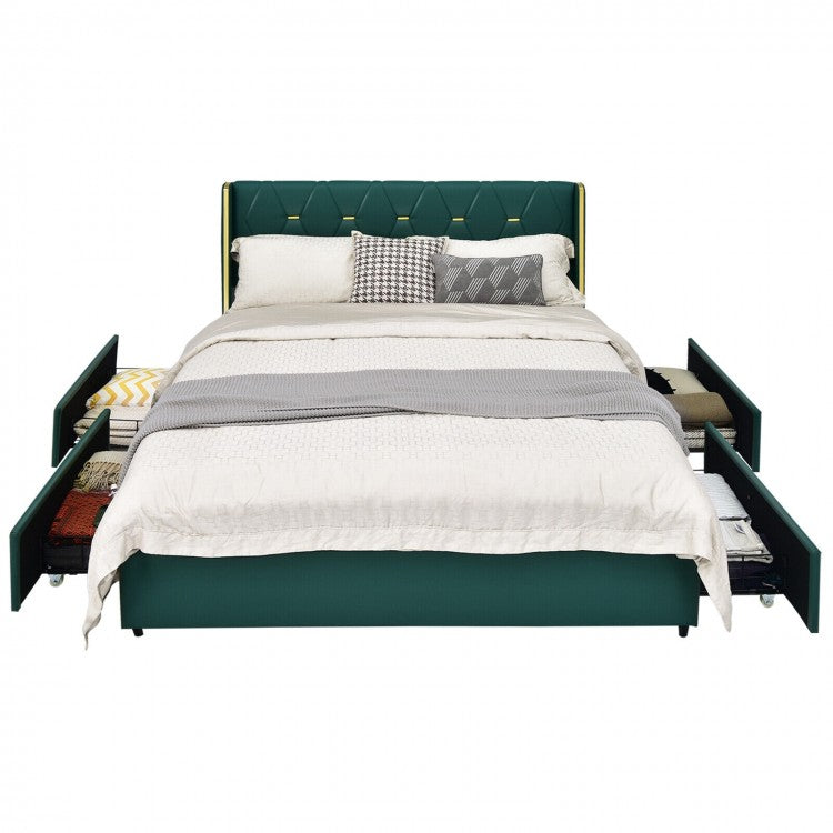 Green PU Leather Bed Frame with Headboard and 4 Storage Drawers