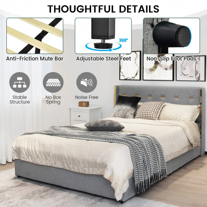 Modern Minimalist Grey Bed Frame with Storage Drawers and Headboard