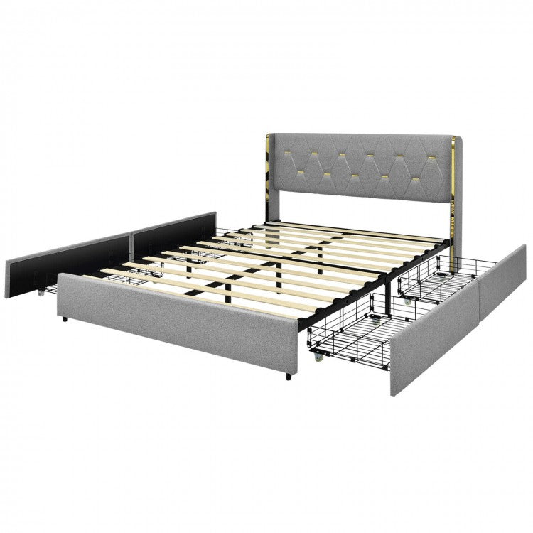 Modern Minimalist Grey Bed Frame with Storage Drawers and Headboard