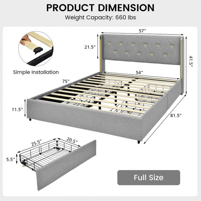 Modern Minimalist Grey Bed Frame with Storage Drawers and Headboard