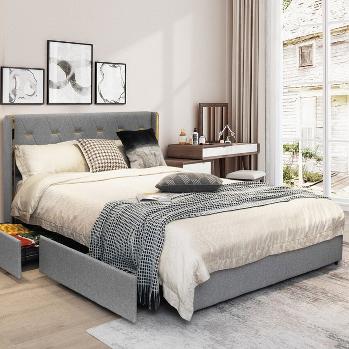 Modern Minimalist Grey Bed Frame with Storage Drawers and Headboard