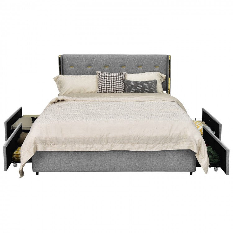 Modern Minimalist Grey Bed Frame with Storage Drawers and Headboard