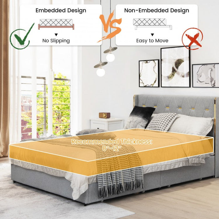 Modern Minimalist Grey Bed Frame with Storage Drawers and Headboard