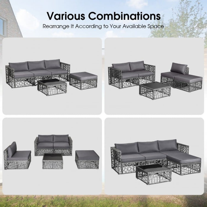 Costway Gray Big Sectional Couch Wicker Set of 5 Pieces with Cushioned Seats - Suitable for Patio, Garden, and Backyard