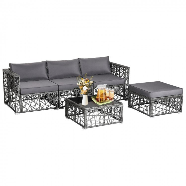Costway Gray Big Sectional Couch Wicker Set of 5 Pieces with Cushioned Seats - Suitable for Patio, Garden, and Backyard
