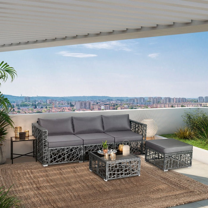 Costway Gray Big Sectional Couch Wicker Set of 5 Pieces with Cushioned Seats - Suitable for Patio, Garden, and Backyard