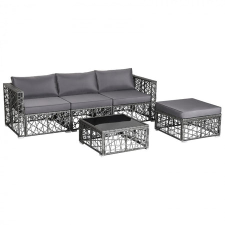 Costway Gray Big Sectional Couch Wicker Set of 5 Pieces with Cushioned Seats - Suitable for Patio, Garden, and Backyard