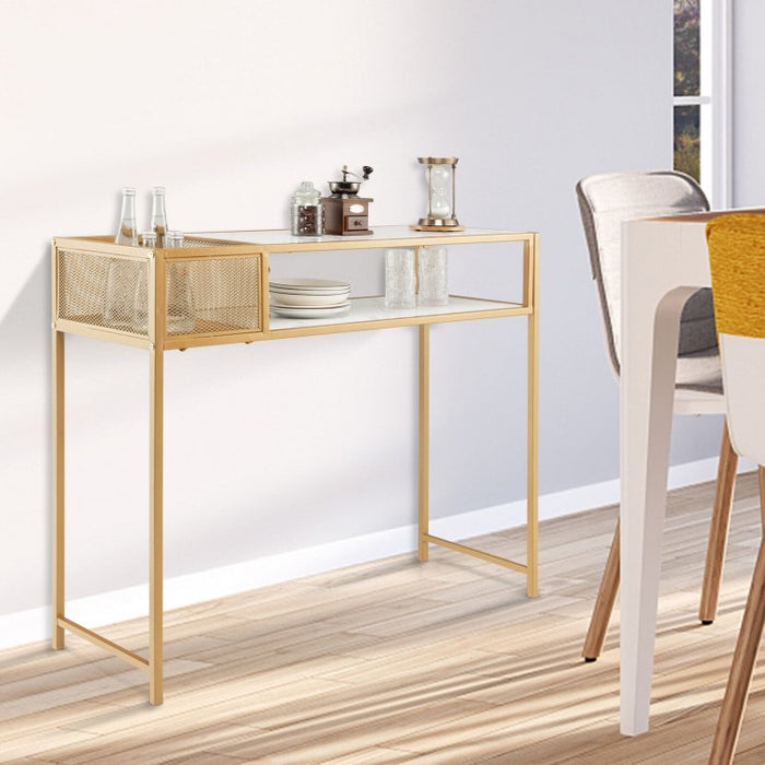 Costway Modern Console Tables for Entryway with Marble Top and Wire Storage Baskets - Suitable for Living Room and Porch