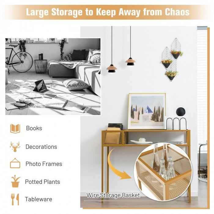 Costway Modern Console Tables for Entryway with Marble Top and Wire Storage Baskets - Suitable for Living Room and Porch