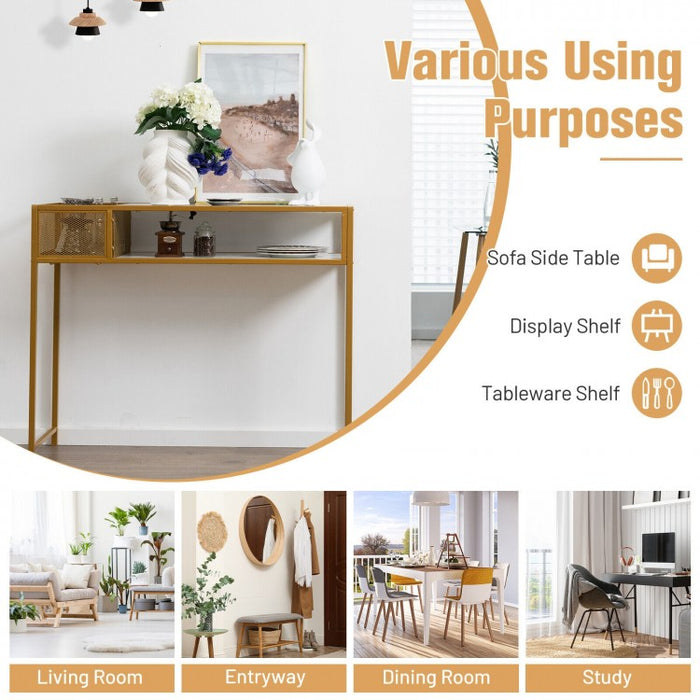 Costway Modern Console Tables for Entryway with Marble Top and Wire Storage Baskets - Suitable for Living Room and Porch