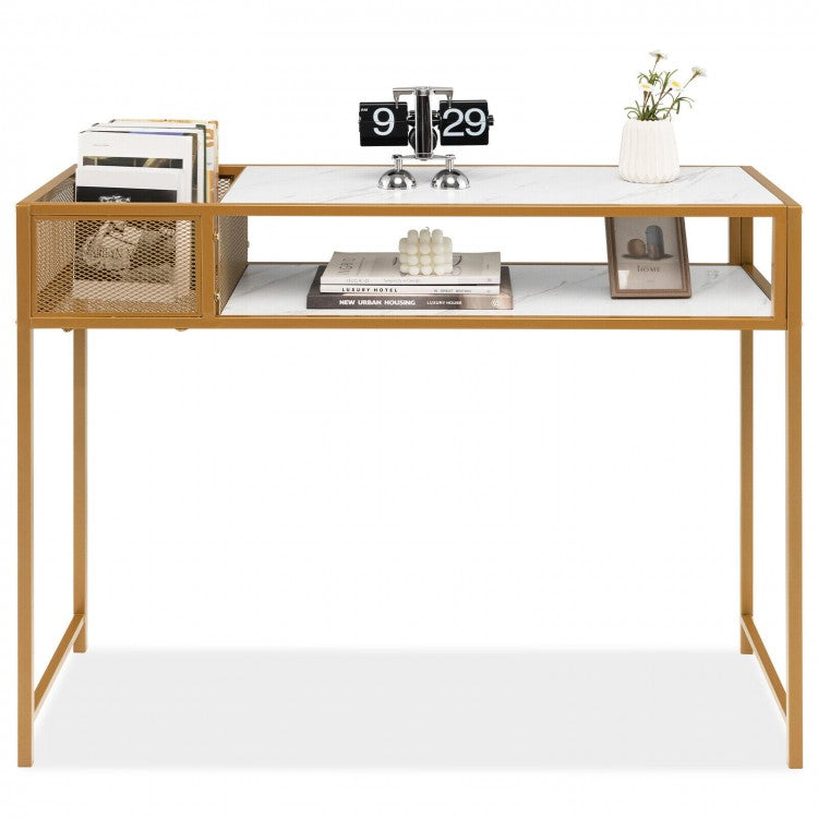 Costway Modern Console Tables for Entryway with Marble Top and Wire Storage Baskets - Suitable for Living Room and Porch