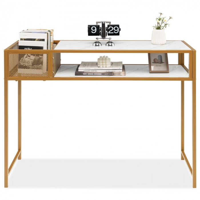 Costway Modern Console Tables for Entryway with Marble Top and Wire Storage Baskets - Suitable for Living Room and Porch