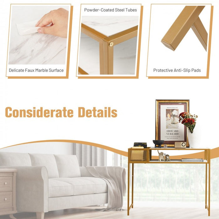 Costway Modern Console Tables for Entryway with Marble Top and Wire Storage Baskets - Suitable for Living Room and Porch