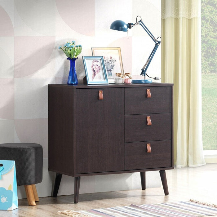Brown Retro 3-Drawer with Door Storage Cabinet Bedside Nightstand