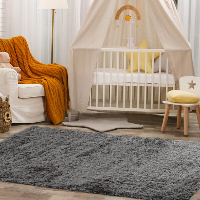 Modern Gray High-Pile Living Room Area Rug