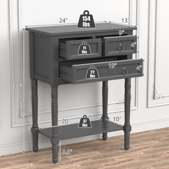 Costway Vintage Narrow Entryway Table with 3 Drawers and Open Shelf - Suitable for Living Room, Entry, and Study