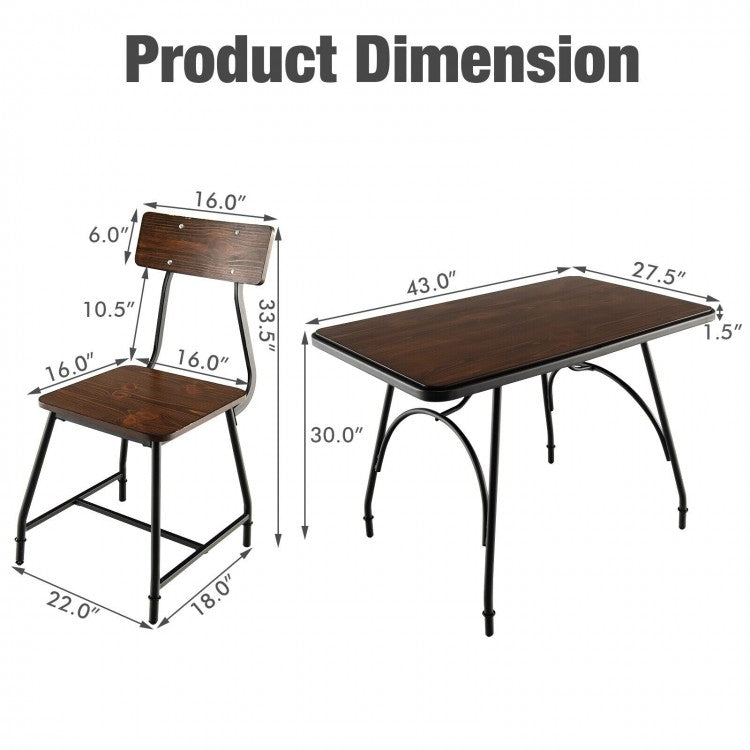 Industrial Style Dining Room Table Sets - 5-Piece Set with Rectangular Table and 4 Chairs - Suitable for Restaurant and Cafe