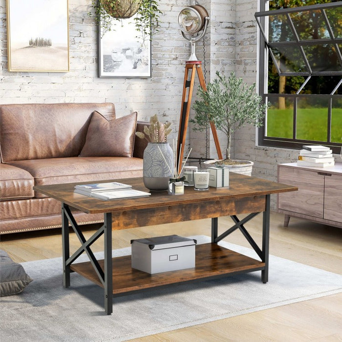 Costway Industrial Style Rectangular Coffee Table with Storage Shelf - Suitable for Living Room and Study