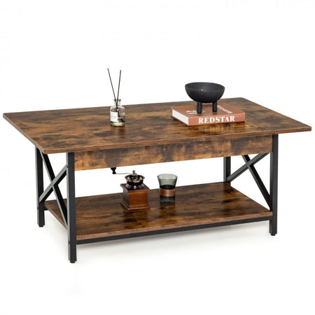 Costway Industrial Style Rectangular Coffee Table with Storage Shelf - Suitable for Living Room and Study