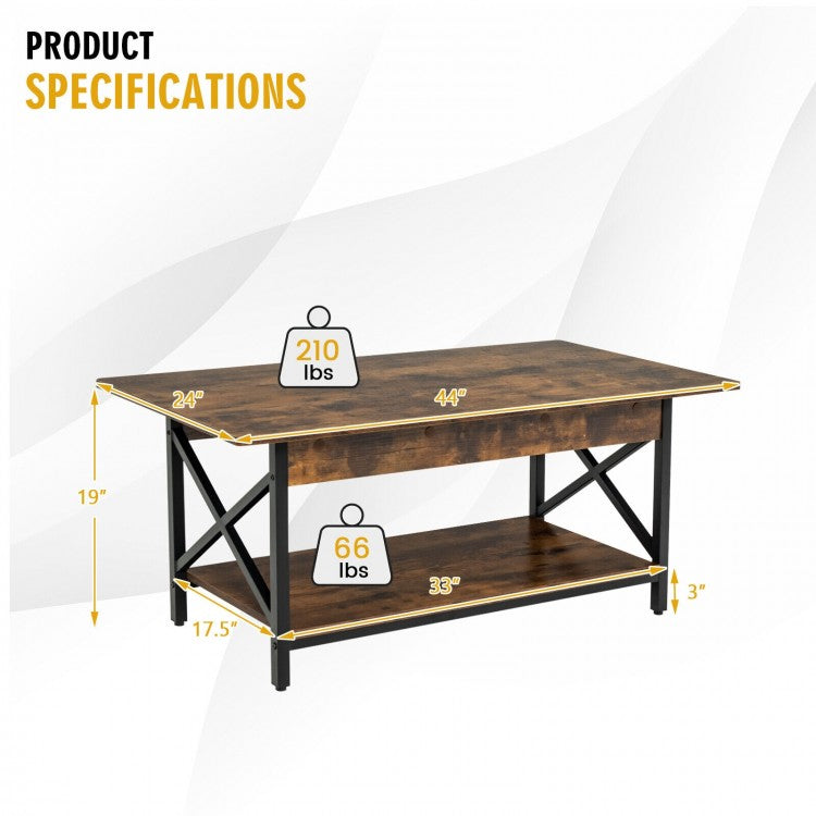 Costway Industrial Style Rectangular Coffee Table with Storage Shelf - Suitable for Living Room and Study