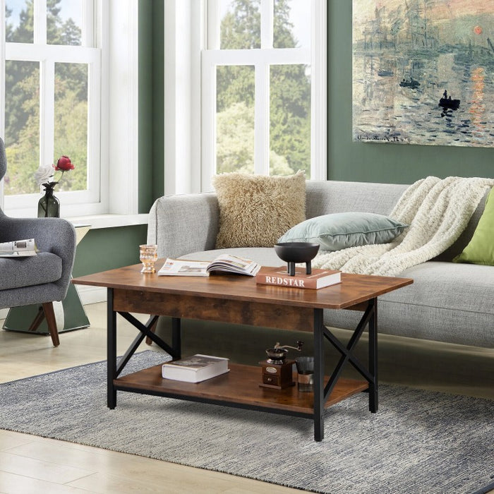 Costway Industrial Style Rectangular Coffee Table with Storage Shelf - Suitable for Living Room and Study