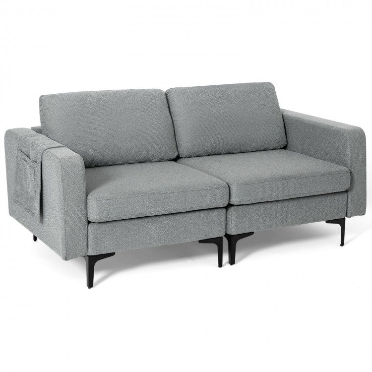 Costway Modern Leather Sofa Couch for 2 - Linen Upholstered Loveseat with Side Storage Pockets, Suitable for Living Room and Office