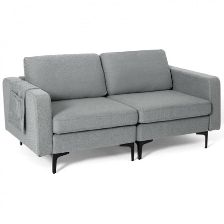 Costway Modern Leather Sofa Couch for 2 - Linen Upholstered Loveseat with Side Storage Pockets, Suitable for Living Room and Office