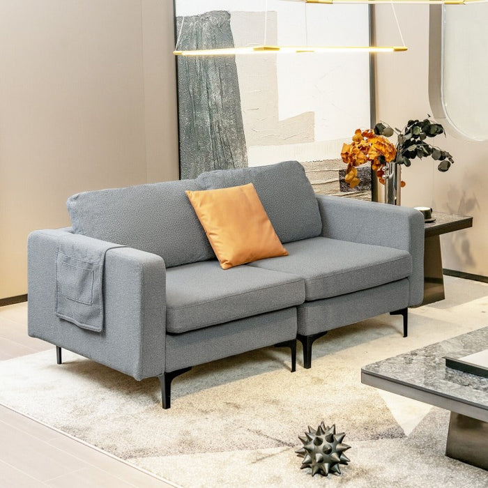 Costway Modern Leather Sofa Couch for 2 - Linen Upholstered Loveseat with Side Storage Pockets, Suitable for Living Room and Office